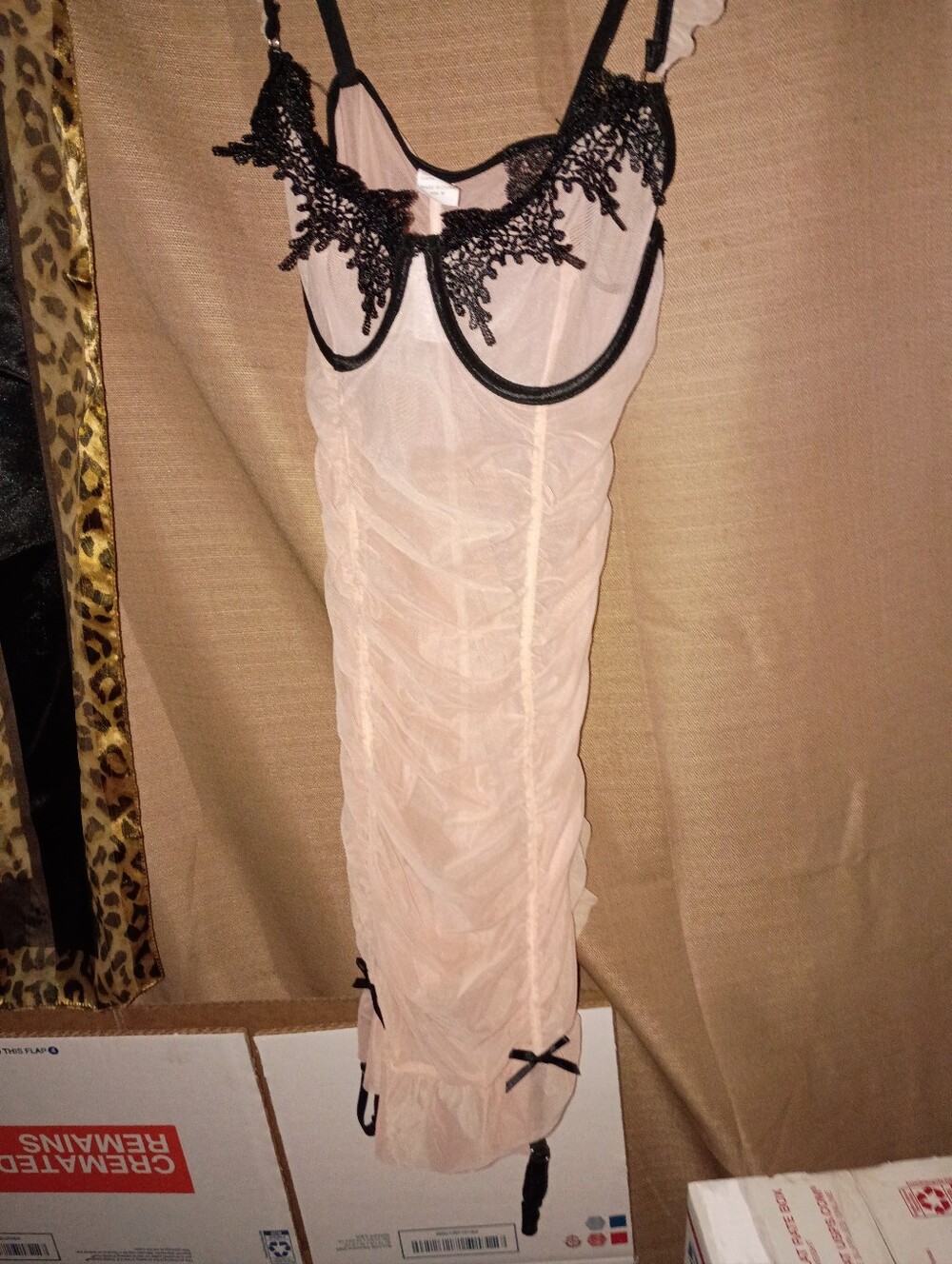 Sheer Pink and Black Lace Bandeau Slip Lingerie Outfit Set/ G-string Panties